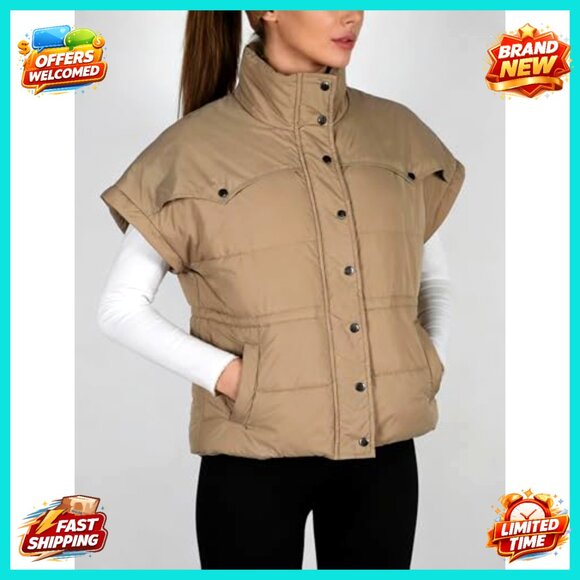 Quilted Puffer Vest Stand Collar Cap Sleeve Boxy Fit Adjustable Waist Pockets - Picture 2 of 4